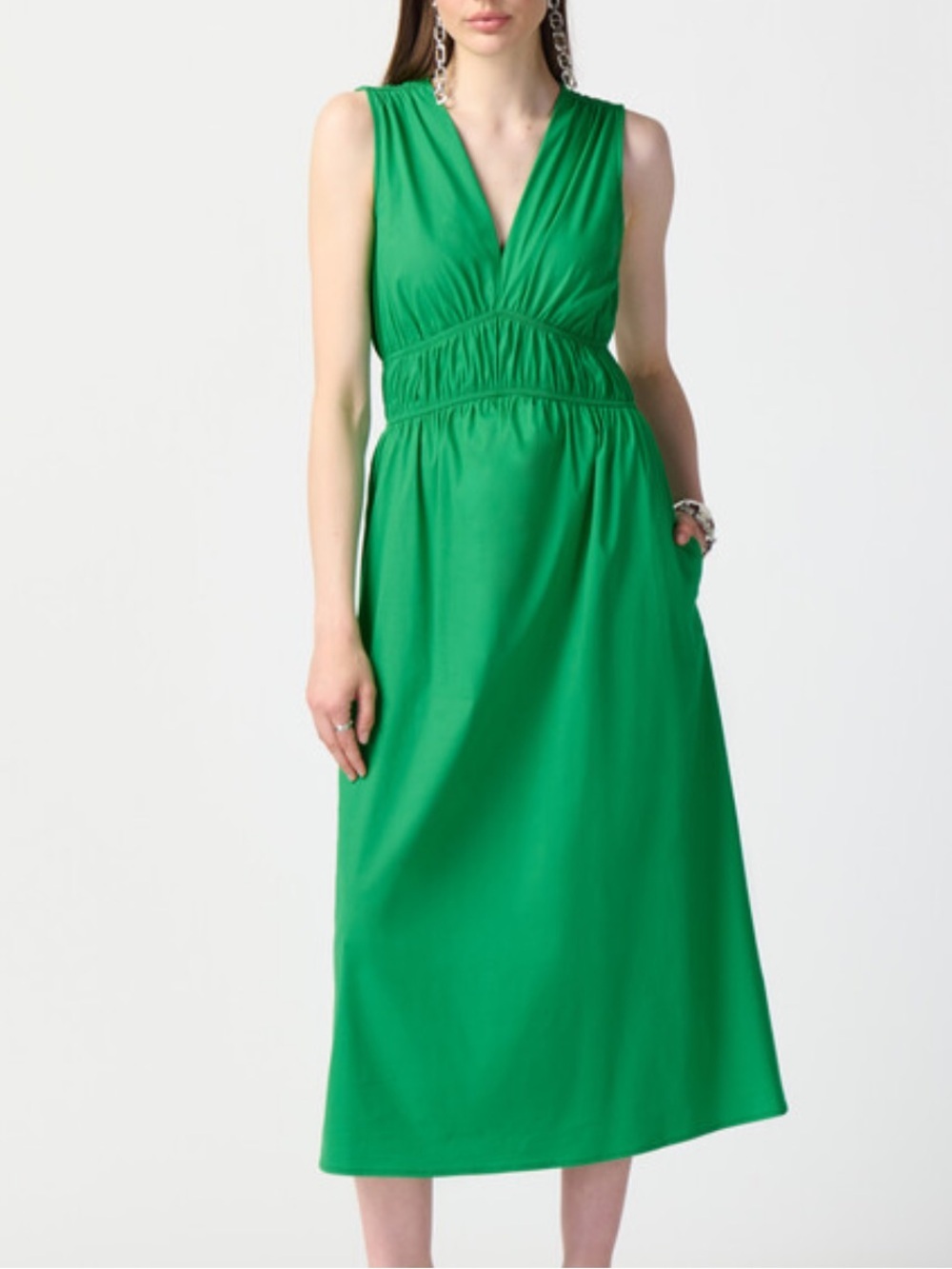 Joseph Ribkoff Shirred Waist Midi Dress Island Green Sleeveless Pockets